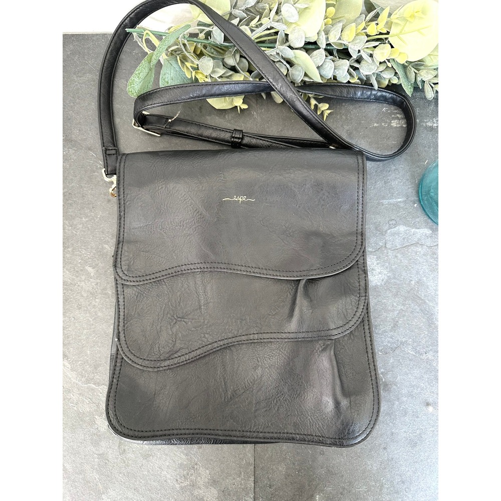 Espe Luxe Handbag black vegan leather crossbody shoulder bag ruffle front